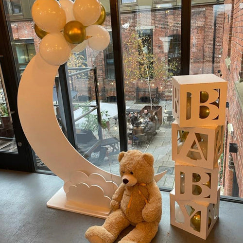 Baby Occasion Set Up - A moon, Baby blocks, teddy bear Hire with balloons (options available)