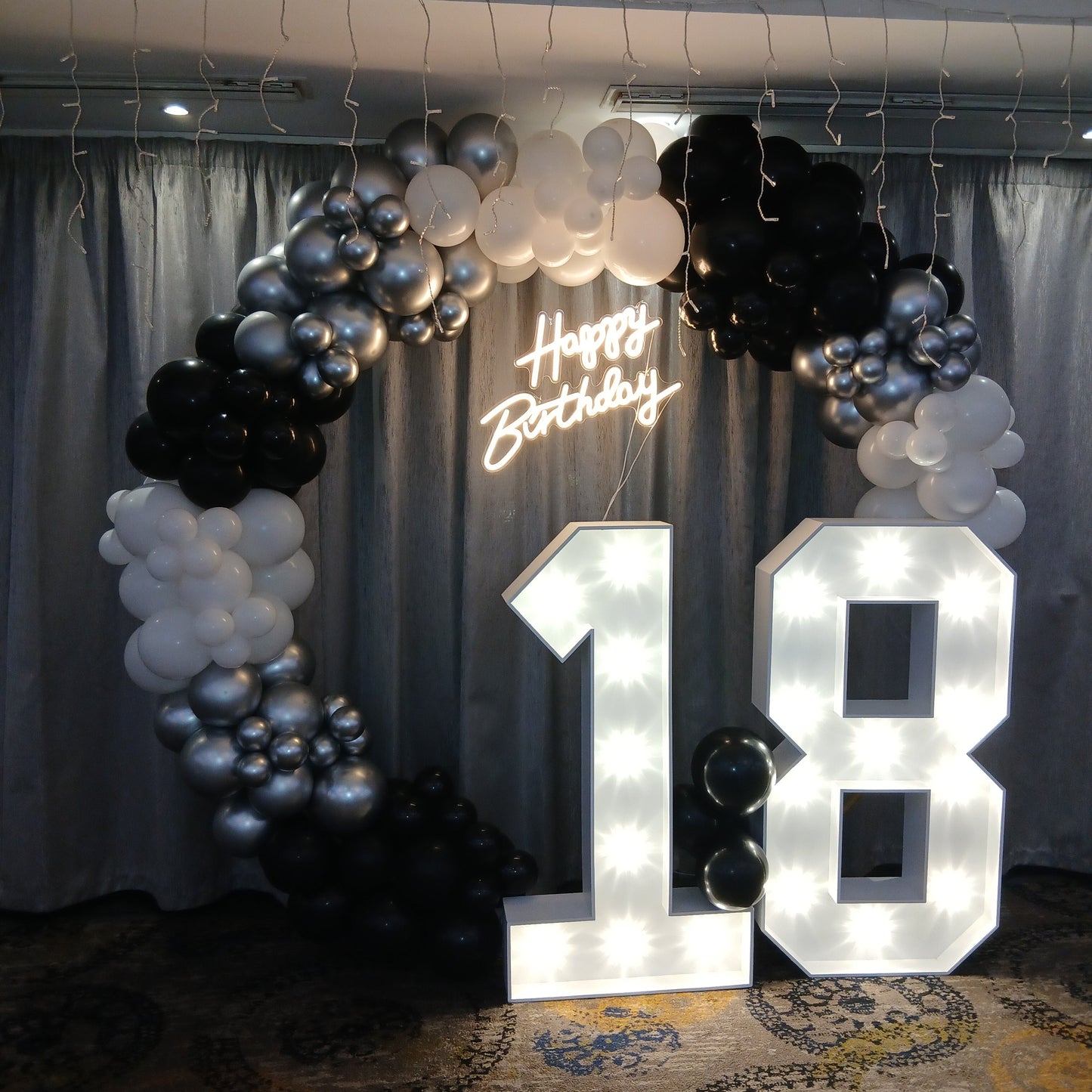 Organic Balloon Hoop With Light Up Numbers & Neon Sign