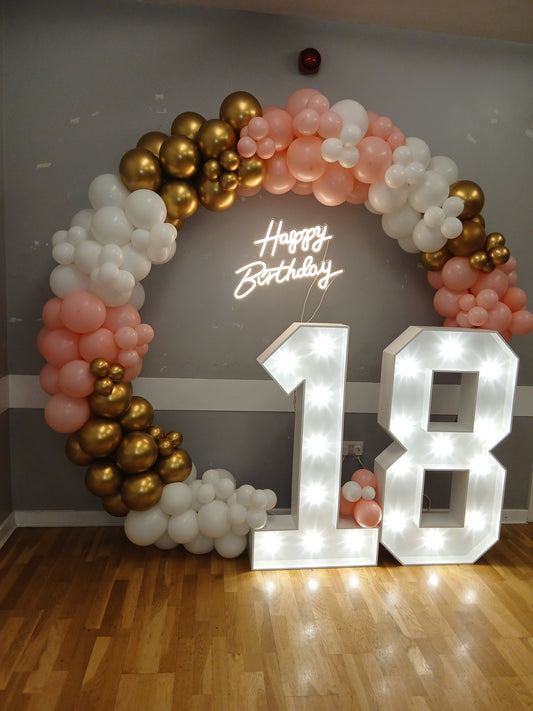 Organic Balloon Hoop With Light Up Numbers & Neon Sign