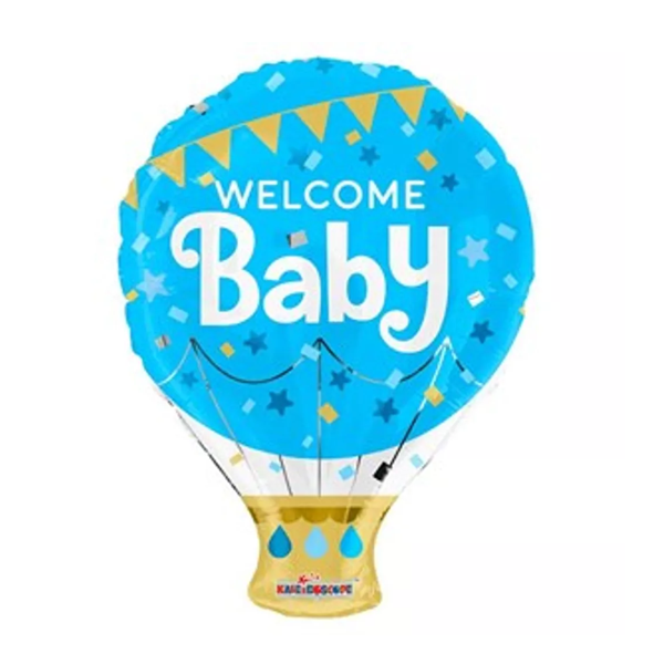 Welcome Baby In A Pram Airfilled, holding a Helium Hot Air Balloon