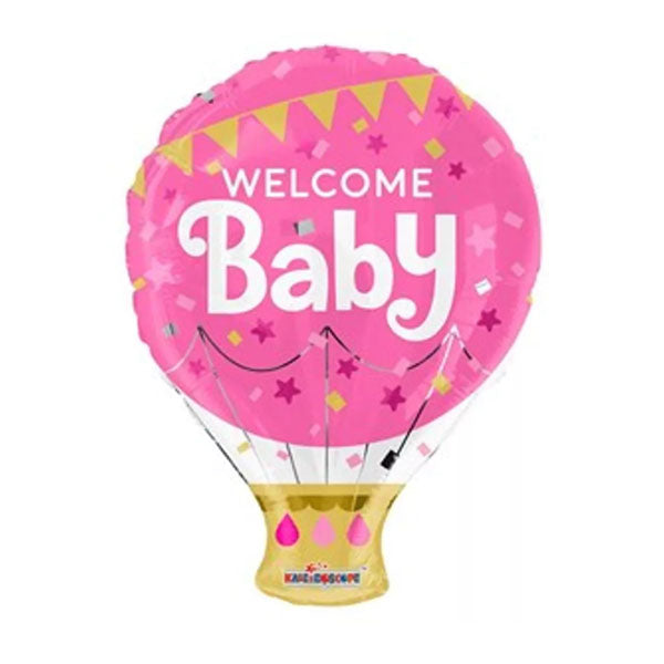Welcome Baby In A Pram Airfilled, holding a Helium Hot Air Balloon