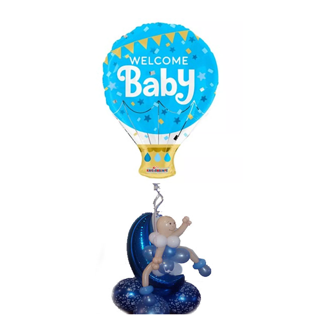 Welcome Baby In A Pram Airfilled, holding a Helium Hot Air Balloon