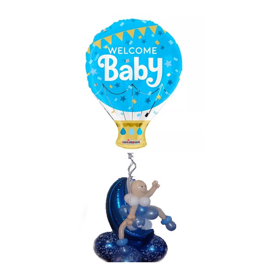 Welcome Baby In A Pram Airfilled, holding a Helium Hot Air Balloon