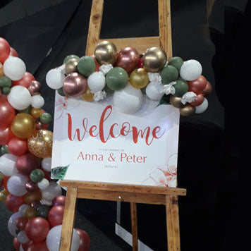 Wooden Easel, balloon garland & sign (various Options)